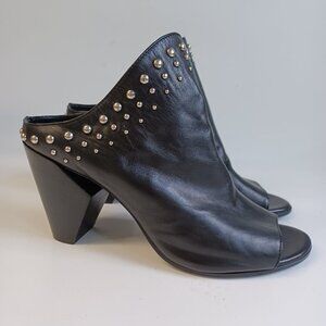 STRATEGIA Mule Heels Black Leather Open Toe Slip Ons with Stud Detail Womens 7.5